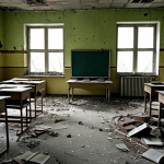 **Abandoned classroom in Pripyat:** Overgrown classroom with scattered books, notebooks, and dolls. Emphasize the melancholic atmosphere and the feeling of time standing still. Add a subtle hint of radiation with desaturated colors.