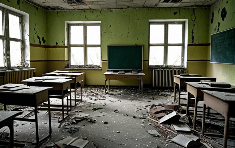**Abandoned classroom in Pripyat:** Overgrown classroom with scattered books, notebooks, and dolls. Emphasize the melancholic atmosphere and the feeling of time standing still. Add a subtle hint of radiation with desaturated colors.