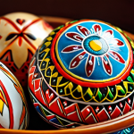 **Close-up of a Ukrainian pysanka, intricately decorated with traditional symbols. Soft, natural lighting highlights the vibrant colors and delicate wax lines. Focus on the detail and craftsmanship.**