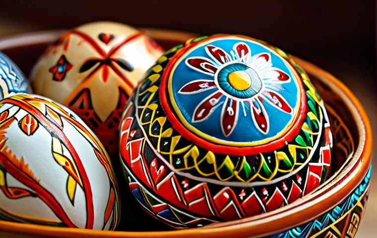 **Close-up of a Ukrainian pysanka, intricately decorated with traditional symbols. Soft, natural lighting highlights the vibrant colors and delicate wax lines. Focus on the detail and craftsmanship.**