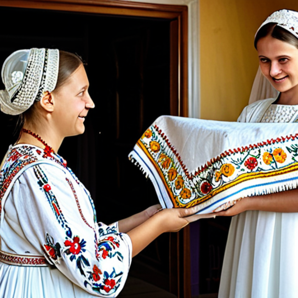 **

"A Ukrainian bride in a traditional embroidered dress (*vyshyvanka*), holding a *rushnyk* (embroidered cloth) with floral patterns, receiving blessings from her parents in a cozy, traditionally decorated home. Family-friendly, appropriate content, fully clothed, modest attire, perfect anatomy, natural proportions, professional, safe for work."

**