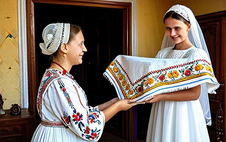 **

"A Ukrainian bride in a traditional embroidered dress (*vyshyvanka*), holding a *rushnyk* (embroidered cloth) with floral patterns, receiving blessings from her parents in a cozy, traditionally decorated home. Family-friendly, appropriate content, fully clothed, modest attire, perfect anatomy, natural proportions, professional, safe for work."

**