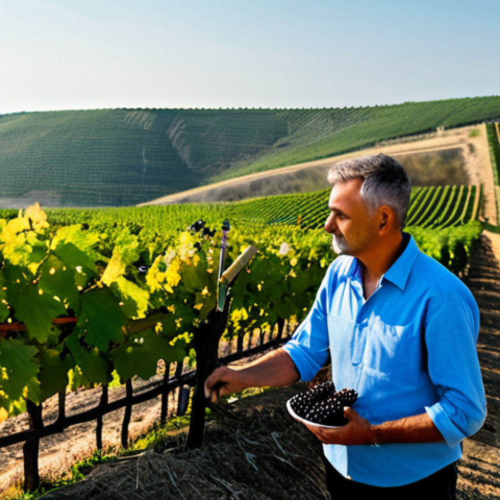 **
"A sun-drenched vineyard in the Odesa region of Ukraine, showing rows of Odesa Black grapevines. A fully clothed winemaker, appropriate attire, is carefully examining a bunch of grapes. Rolling hills in the background lead down to the Black Sea. Golden light, professional photography, high quality, perfect anatomy, natural proportions, safe for work, appropriate content, modest, family-friendly."
**