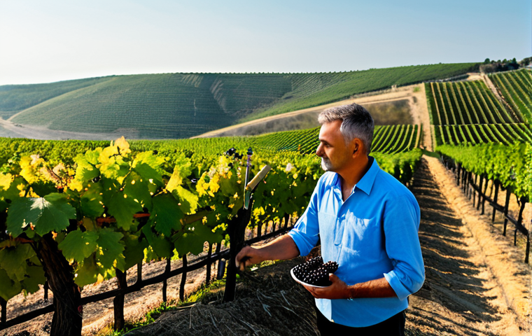 **

"A sun-drenched vineyard in the Odesa region of Ukraine, showing rows of Odesa Black grapevines. A fully clothed winemaker, appropriate attire, is carefully examining a bunch of grapes. Rolling hills in the background lead down to the Black Sea. Golden light, professional photography, high quality, perfect anatomy, natural proportions, safe for work, appropriate content, modest, family-friendly."

**