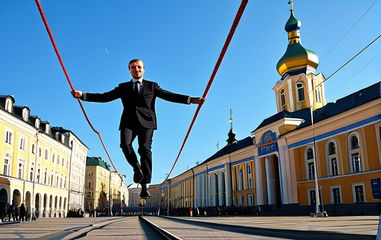 우크라이나의 NATO와 EU 가입 전망 - The Balancing Act**

"A skilled tightrope walker, representing Ukraine, carefully balancing between ...