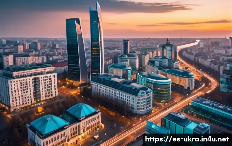 우크라이나 세금 제도 - **Prompt:** A dynamic, wide-angle shot of a futuristic Kyiv city skyline at sunset, with architectur...