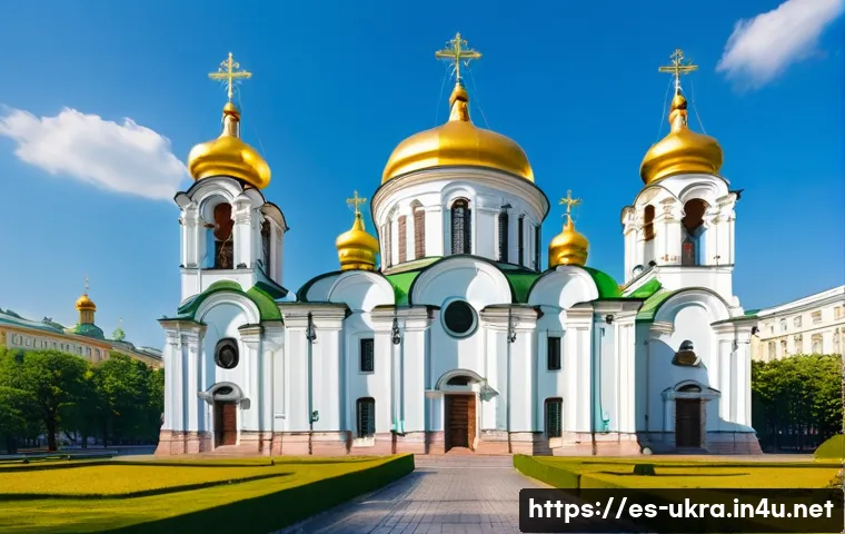 우크라이나 건축 스타일 - **Prompt:** A majestic exterior shot of Kyiv's Saint Sophia Cathedral, showcasing its blend of ancie...