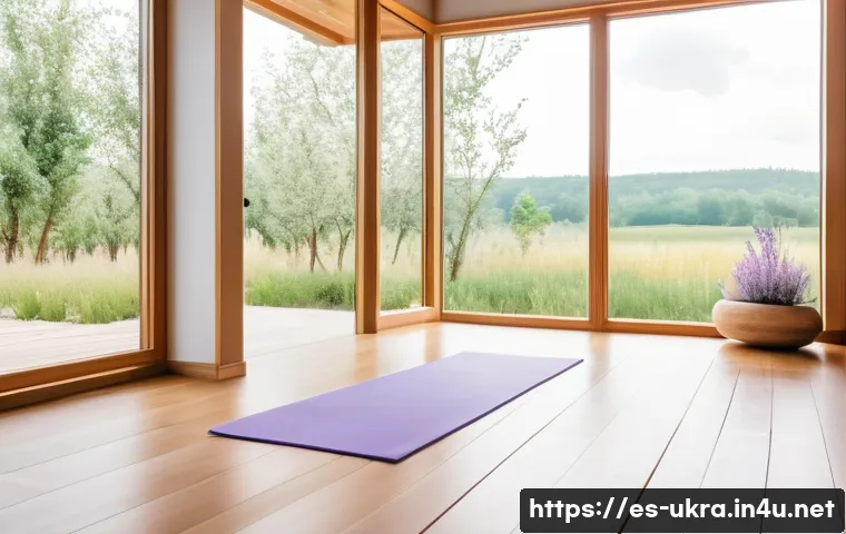 우크라이나 요가와 명상 센터 - A serene yoga studio set in a rural Ukrainian landscape, large floor-to-ceiling windows overlooking ...
