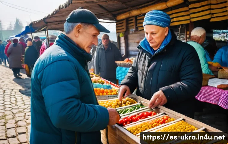 우크라이나에서 신용카드 사용 가능 여부 - A bustling Ukrainian outdoor market scene in a small rural town during daytime, featuring local vend...