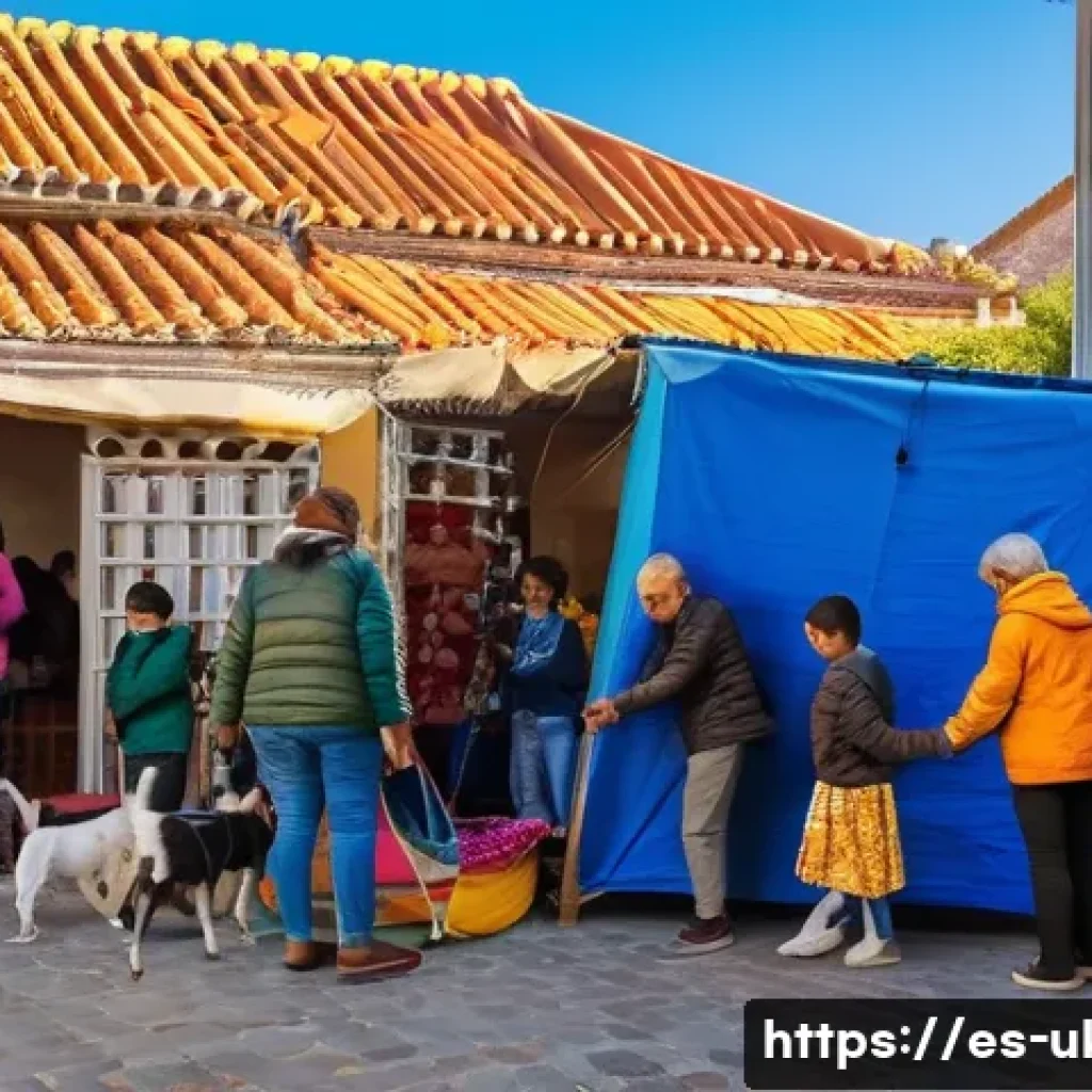 우크라이나 동물 보호 활동 - A warm and hopeful community scene in a sunny Spanish neighborhood where diverse groups of volunteer...