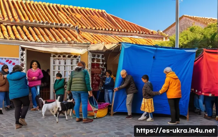 우크라이나 동물 보호 활동 - A warm and hopeful community scene in a sunny Spanish neighborhood where diverse groups of volunteer...