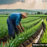 우크라이나 기후 변화 영향 - A detailed rural Ukrainian farming scene showing a farmer in traditional clothing wearing practical ...