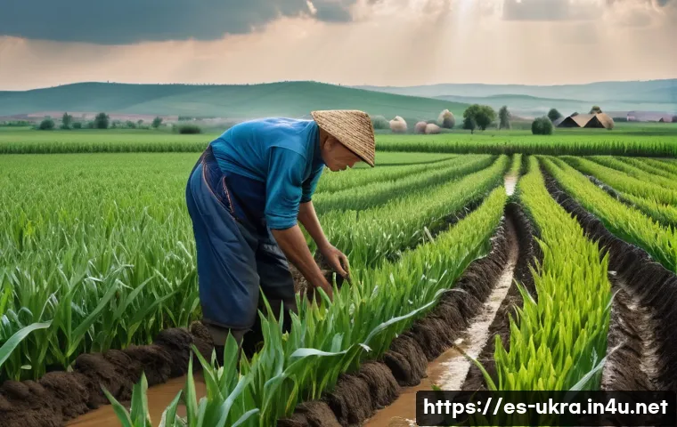 우크라이나 기후 변화 영향 - A detailed rural Ukrainian farming scene showing a farmer in traditional clothing wearing practical ...