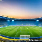 우크라이나 스포츠 인기 종목 - A vibrant football stadium scene in Ukraine during a lively match of Dynamo Kyiv, thousands of passi...