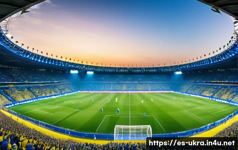 우크라이나 스포츠 인기 종목 - A vibrant football stadium scene in Ukraine during a lively match of Dynamo Kyiv, thousands of passi...