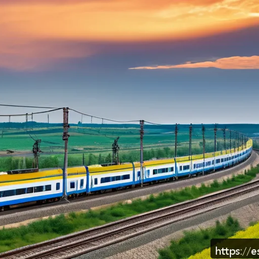 우크라이나 철도 역사 - A detailed, realistic scene of a modern Ukrainian railway corridor connecting to Europe, showcasing ...