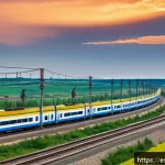 우크라이나 철도 역사 - A detailed, realistic scene of a modern Ukrainian railway corridor connecting to Europe, showcasing ...