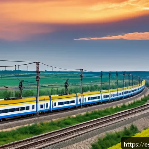 우크라이나 철도 역사 - A detailed, realistic scene of a modern Ukrainian railway corridor connecting to Europe, showcasing ...