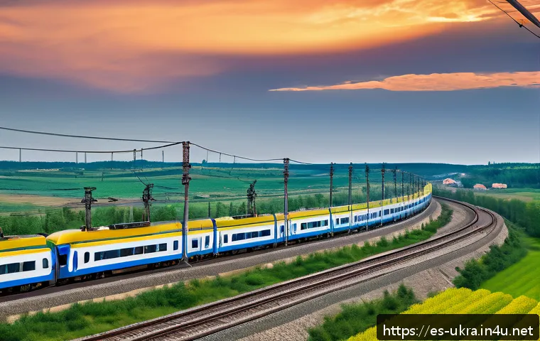 우크라이나 철도 역사 - A detailed, realistic scene of a modern Ukrainian railway corridor connecting to Europe, showcasing ...