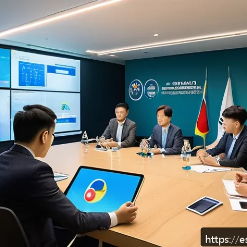 우크라이나와 한국 관계 - A vibrant business meeting scene between South Korean and Ukrainian professionals in a modern confer...