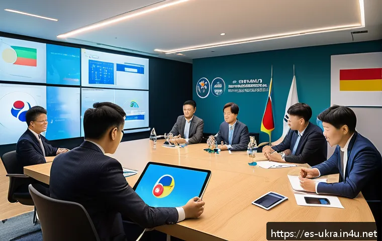 우크라이나와 한국 관계 - A vibrant business meeting scene between South Korean and Ukrainian professionals in a modern confer...