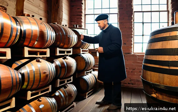 우크라이나에서 유명한 보드카 브랜드 - A traditional Ukrainian vodka distillery interior, showcasing artisanal copper stills and wooden bar...