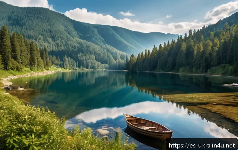 우크라이나에서 가장 아름다운 호수 - A serene panoramic view of Lake Synevyr nestled in the heart of the Ukrainian Carpathian Mountains d...