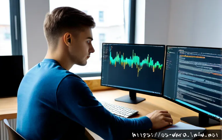 우크라이나에서 인기 있는 직업 - Photorealistic young Ukrainian software developer working at a modern desk in a bright Kyiv-style co...