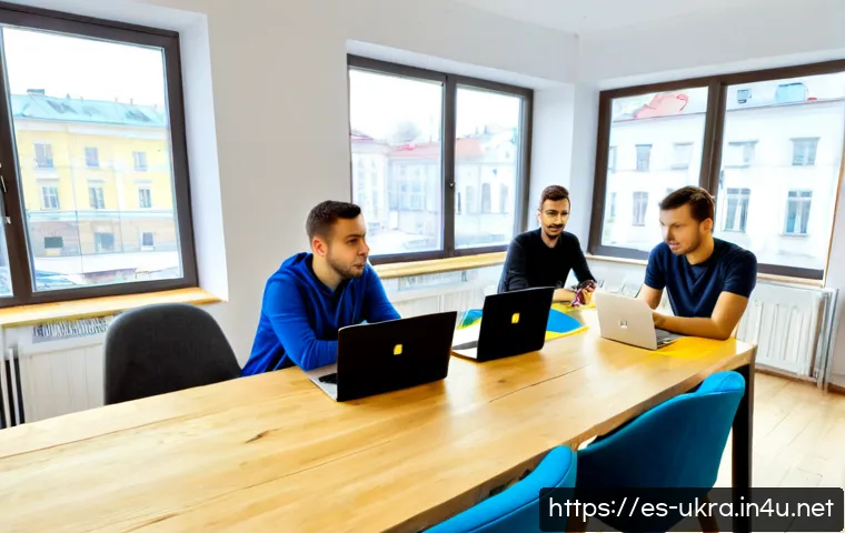 우크라이나 혁신 기술 기업 - Photorealistic modern Ukrainian technology startup office in Kyiv, diverse young engineers collabora...